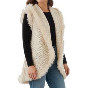 Love Token Knit Open Front Vest with Genuine Rabbit Fur Trim – Ivory Medium